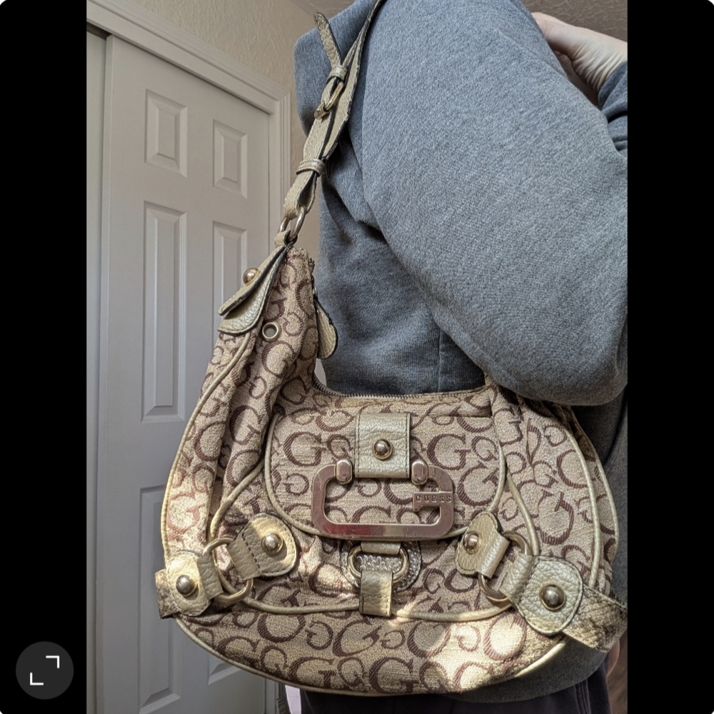Vintage Y2K Guess Gold and Brown Logo  Shoulder Bag Crescent Hobo